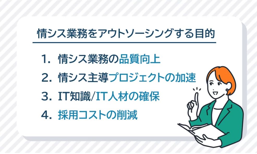 情シス業務をアウトソーシングする目的①情シス業務の品質向上②情シス主導のプロジェクトの加速③IT知識/IT人材の確保④採用コストの削減